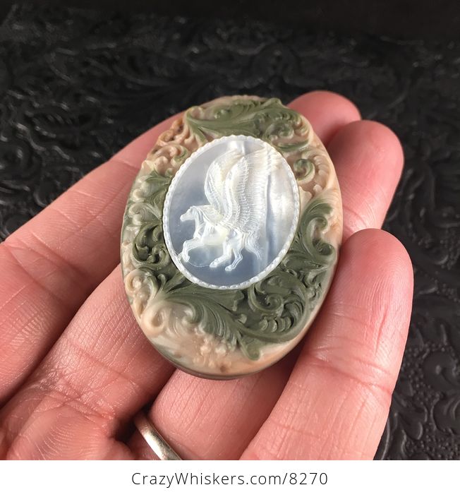 Flying Pegasus Horse Carved in Mother of Pearl Shell and Set in Green and Beige Ribbon Jasper Stone Jewelry Pendant - #bwWBFzm22M8-2