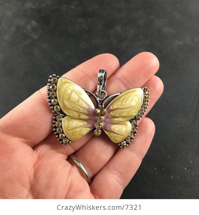 Golden Yellow Butterfly Rhinesone and Pearlescent Enamel Jewelry Necklace Pendant - #2p8TvmloJ0o-2