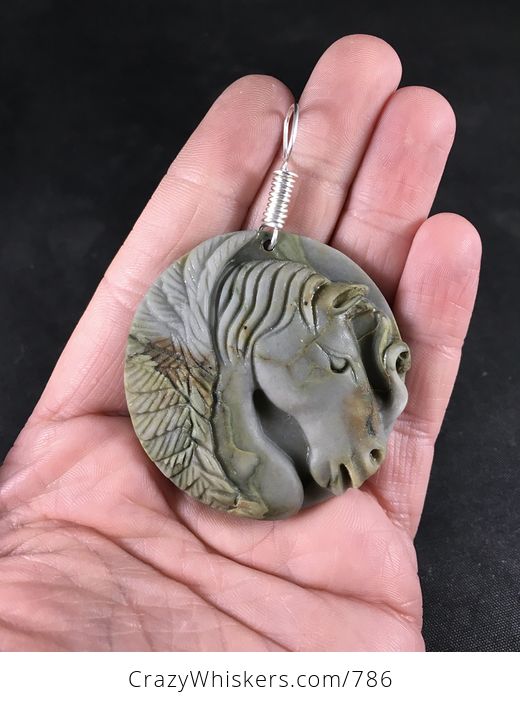 Gorgeous Carved Pegasus Winged Horse Head Ribbon Jasper Stone Pendant with Wire Bail - #m53XbkpdIgE-1