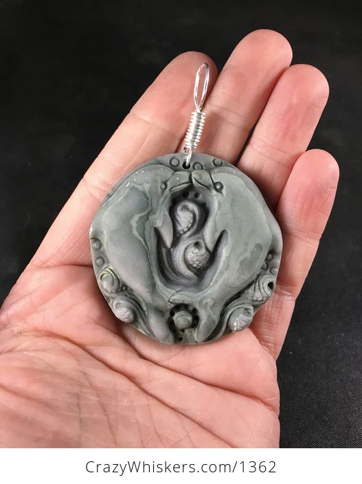 Green and Gray Carved Dolphins Ribbon Jasper Stone Pendant with Wire Bail - #WG6SvvYWWbA-1
