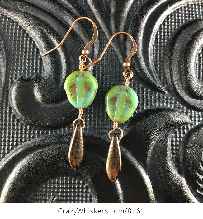 Green Blue and Brown Trilobites and Black and Bronze Feather Patterned Dagger Earrings with Copper Wire - #qwYrKCVXGtw-1