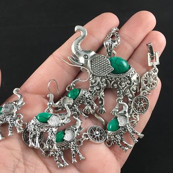 Green Stone and Silver Elephant Necklace Bracelet and Earrings Jewelry Set #1frZyAOAr9k
