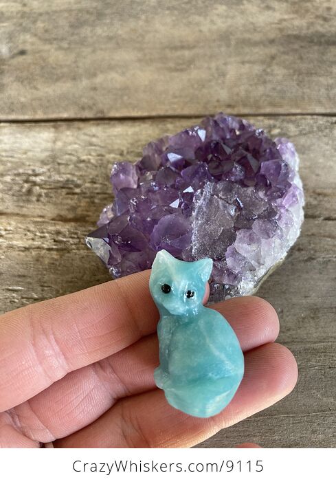 Hand Carved Blue Amazonite Stone Kitty Cat Kitten Figurine and Amethyst Cluster Platform - #N1LM9ehQV2k-6