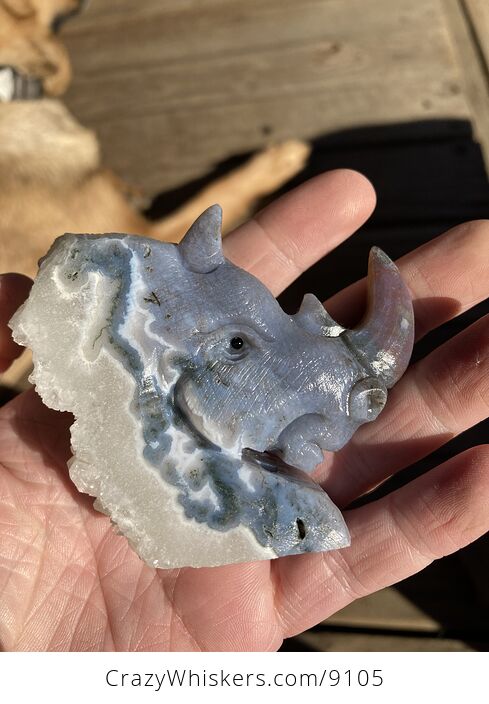 Hand Carved Rhinoceros Head in Moss Agate Crystal Stone - #xJswfsiTaL0-1