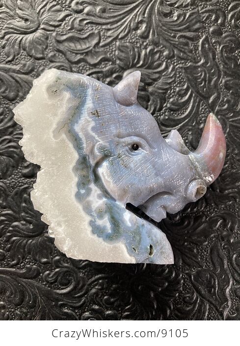 Hand Carved Rhinoceros Head in Moss Agate Crystal Stone - #xJswfsiTaL0-17