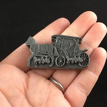 Horse and Buggy Earrings Brooch Necklace and Trinket Jewelry Box Set Vintage Torino Pewter #xECmRdzr96A