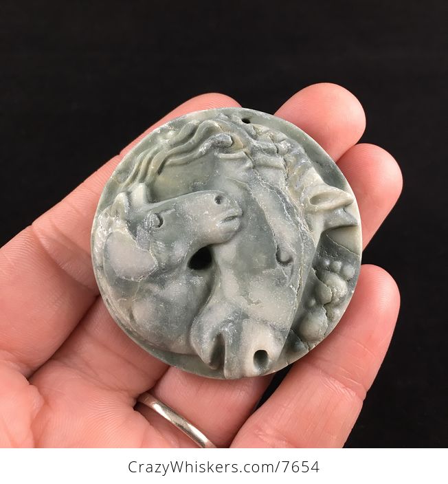 Horse and Foal Carved Ribbon Jasper Stone Pendant Jewelry - #WvvpIdoQM6g-1