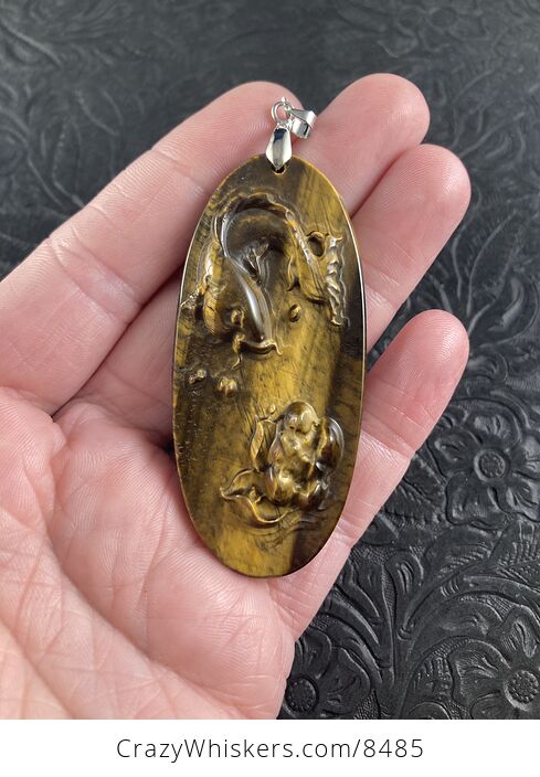 Koi Fish Carved in Tigers Eye Stone Pendant Jewelry - #nMD9oIHjhT4-1