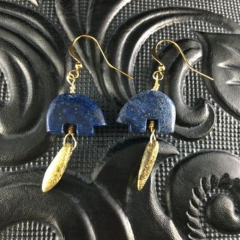 Lapis Lazuli Bear and Etched Golden Dagger Earrings with Gold Wire #pathfj7VfU8
