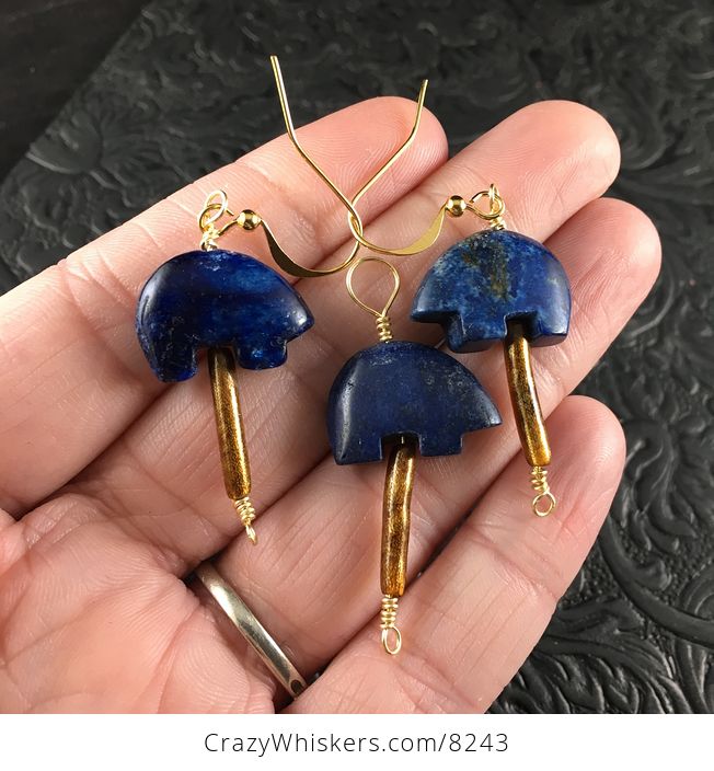 Lapis Lazuli Bear and Golden Brown Coral Earrings and Pendant Jewelry Set - #2T8HuO9NVPo-1