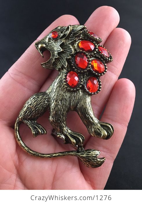 Large Angry Lion and Red Faceted Stone Pendant in Vintage Gold Tone - #6mnStmrKjmc-1