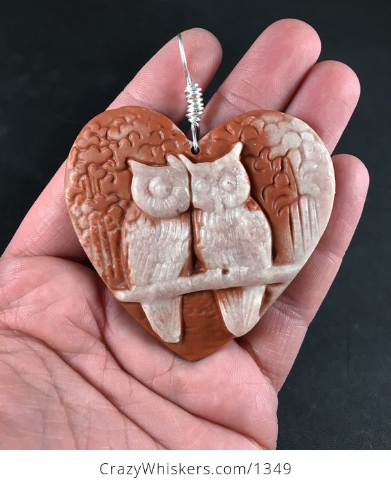 Large Carved Perched Owl Pair in a Heart Beige and Red Ribbon Jasper Stone Pendant with Wire Bail - #9OIzFKFbr8I-1