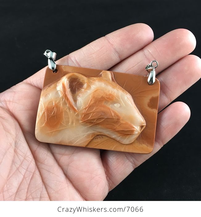 Large Cougar Mountain Lion Puma Big Cat Carved Red Jasper Stone Pendant Jewelry - #zmGGgN92EI4-1