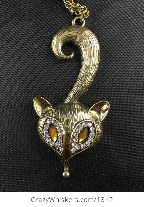 Large Fox Face and Tail Pendant in Vintage Gold Tone with Rhinestones - #GL33kvoGKYU-3