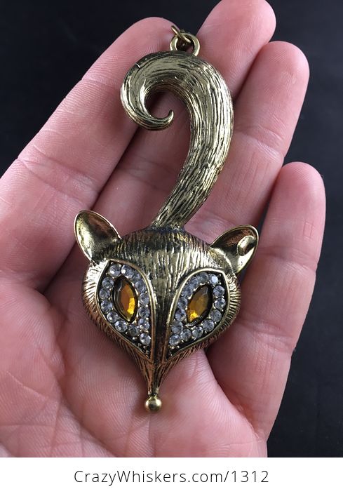 Large Fox Face and Tail Pendant in Vintage Gold Tone with Rhinestones - #GL33kvoGKYU-1