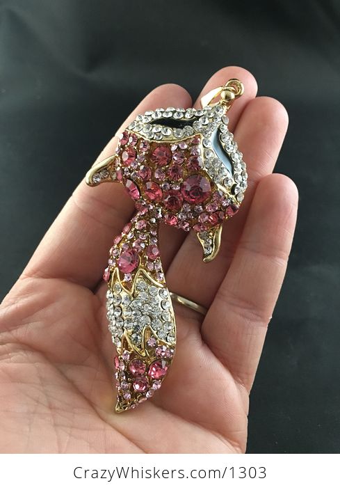 Large Pink Fox Face and Tail Pendant with Crystal Rhinestones on Told Tone - #xAuiAy6ESVU-2