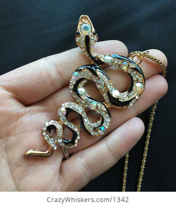 Large Rhinestone Gold Tone and Enamel Slithering Snake Serpent Pendant - #5J7SMpG2fNA-1
