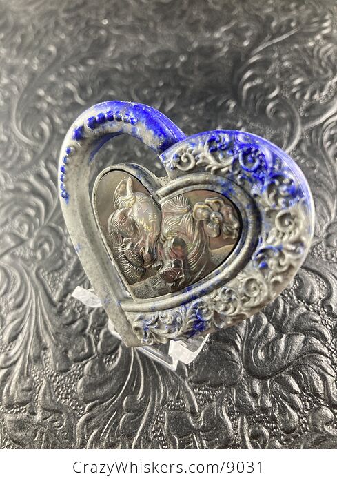 Lion and Lioness Pair Carved Shell and Lapis Lazuli Heart Stone Pendant Cabochon Jewelry Mini Art Ornament - #dRSyyeY2ayw-3