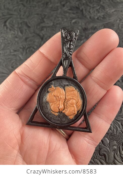 Lions Carved Orange Jasper Set on Wood Pendant Jewelry Mini Art Ornament - #1ySFSSPdMfo-2