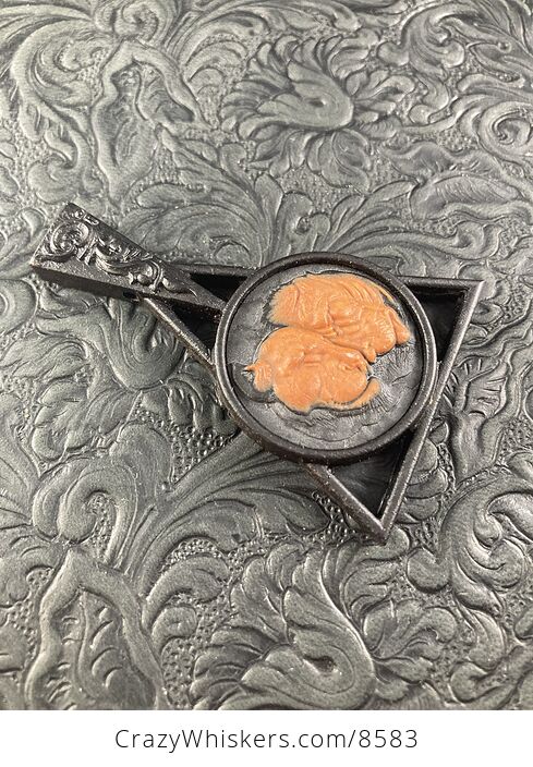Lions Carved Orange Jasper Set on Wood Pendant Jewelry Mini Art Ornament - #1ySFSSPdMfo-5