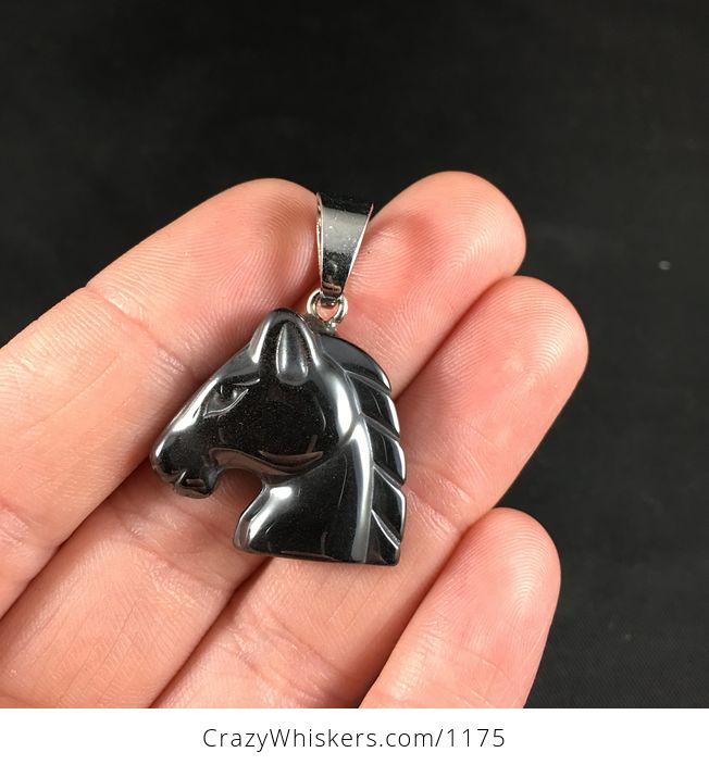 Magnetic Black Hematite Carved Horse Head Pendant - #3mnvwAkME78-1