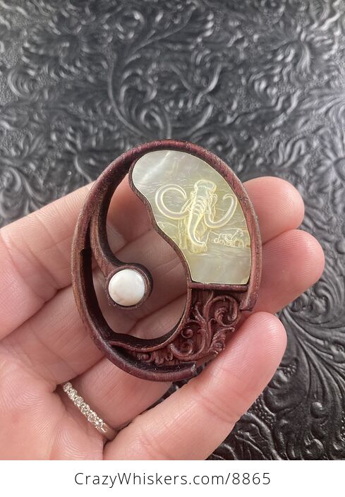Mammoth Carved in Mother of Pearl Shell and Wood Pendant Jewelry Mini Art Ornament - #p4zixTOJolo-1