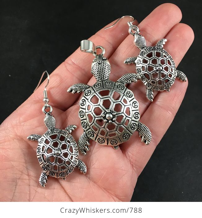 Necklace and Earrings Jewelry Set of Silver Tone Cute Sea Turtles - #PJkmkR8wUW0-1