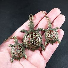 Necklace and Earrings Jewelry Set of Vintage Bronze Toned Cute Sea Turtles #a9ytkANz8mU