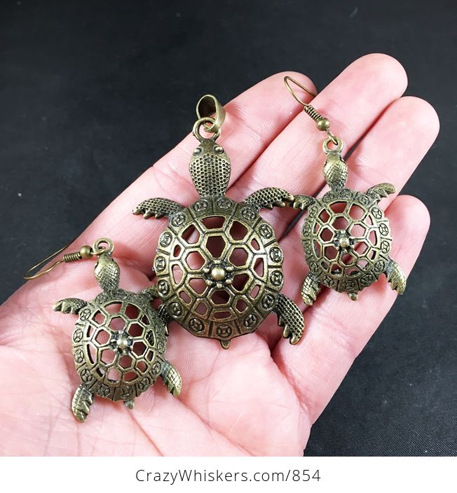 Necklace and Earrings Jewelry Set of Vintage Bronze Toned Cute Sea Turtles - #a9ytkANz8mU-1