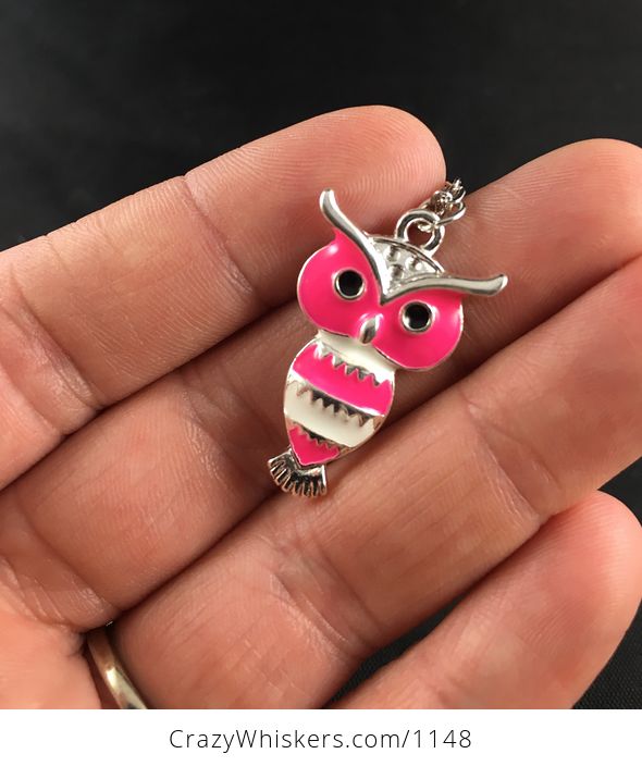 Neon Hot Pink and White Owl Pendant Necklace - #WVU3SStC8tI-1