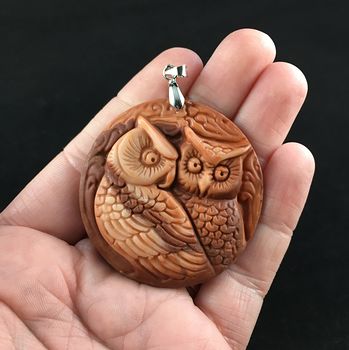 Owl Couple Carved Red Jasper Stone Pendant Jewelry #WnDQ1odHcyM