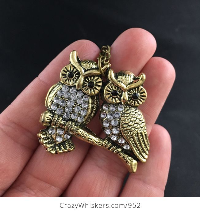 Pair of Owls Pendant with Rhinestones on Textured Gold Tone Metal - #q8dWigwgtfs-1