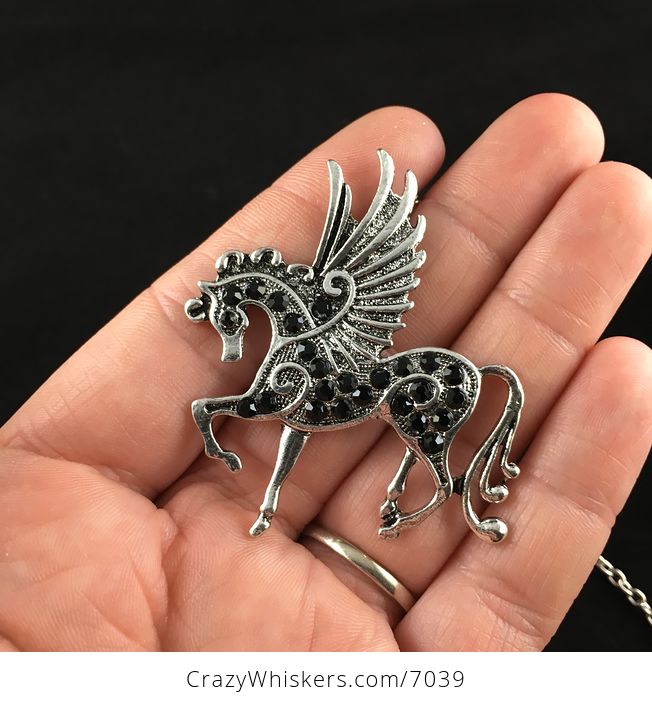 Pegasus Winged Horse and Black Rhinestone Necklace Jewelry - #gpYkx0a9x0o-1