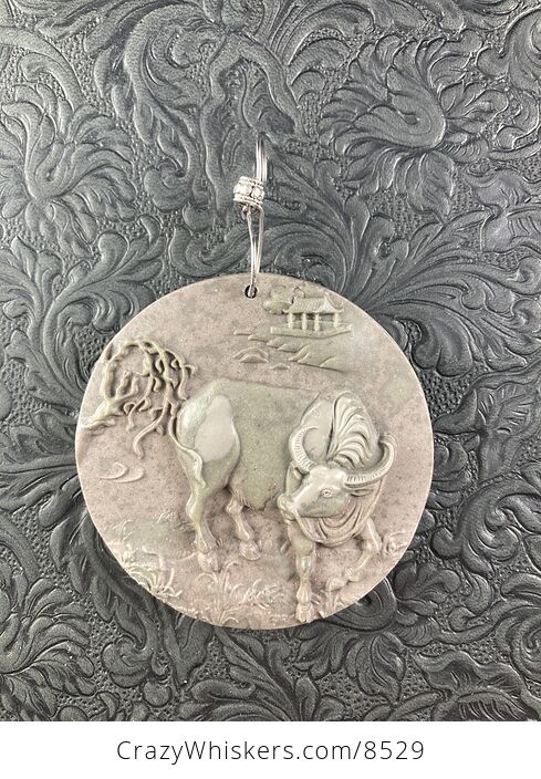 Pendant Jewelry Taurus Bull Buffalo Carved in Jasper Stone - #qFn7GCmHxrU-3