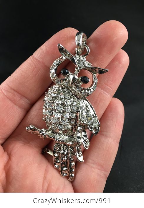 Perched Silver Tone Owl with Rhinestones Pendant - #GpyhsejHodg-1