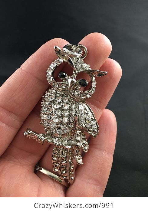 Perched Silver Tone Owl with Rhinestones Pendant - #GpyhsejHodg-3