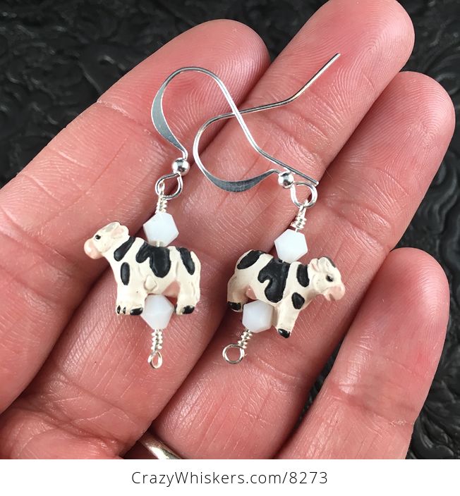 Peruvian Ceramic Dairy Cow and Bicone Bead Earrings with Silver Wire - #a3izRJGPBw4-1