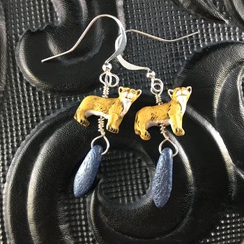 Peruvian Ceramic Mountain Lions Etched Blue Dagger Earrings with Silver Wire #rd8hbX6wgjw