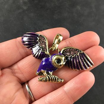 Purple Enamel and Rhinestone Flying or Landing Owl Jewelry Pendant #9KJfB0JRvkE