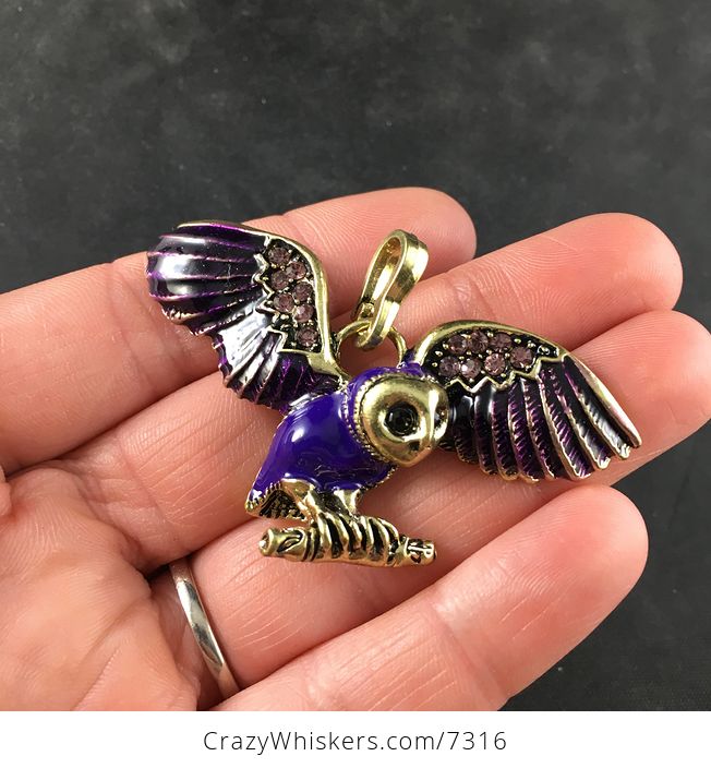 Purple Enamel and Rhinestone Flying or Landing Owl Jewelry Pendant - #9KJfB0JRvkE-1