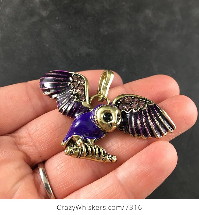 Purple Enamel and Rhinestone Flying or Landing Owl Jewelry Pendant Necklace - #9KJfB0JRvkE-2