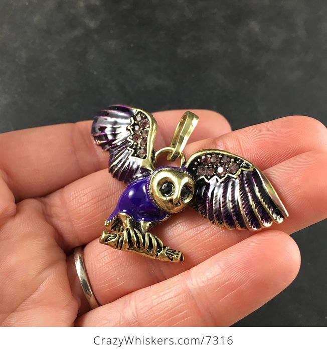 Purple Enamel and Rhinestone Flying or Landing Owl Jewelry Pendant Necklace - #9KJfB0JRvkE-3