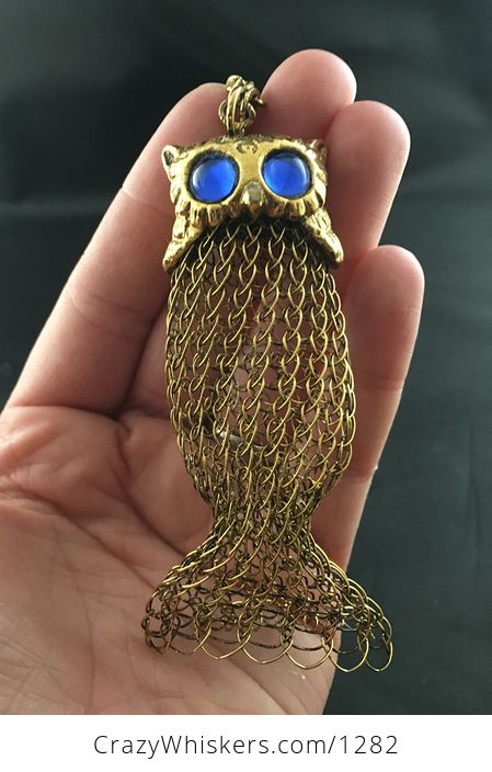 Really Unique Vintage Gold Tone Metal Mesh Formed Owl Pendant with Blue Cat Eye Stone Eyes - #iJ8RsEzDG3E-2