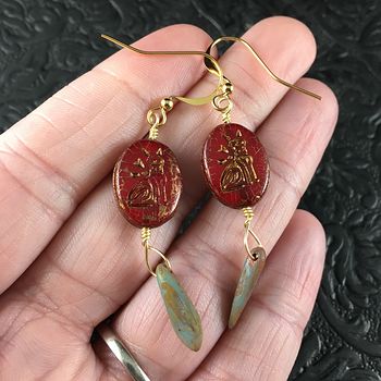 Red and Gold Glass Kitty Cat and Dagger Earrings #RHWVuBxkaLU