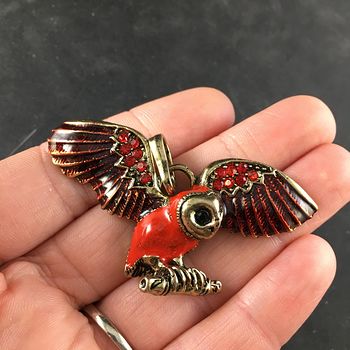 Red Enamel and Rhinestone Flying or Landing Owl Jewelry Pendant #PPvmTpG5OwY
