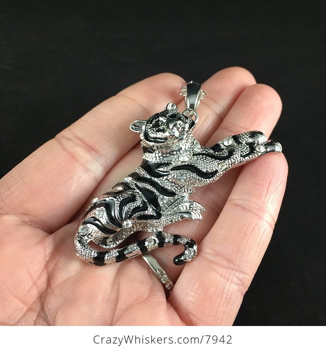 Resting Tiger Metal and Rhinestone Big Cat Jewelry Pendant Necklace - #u12vjLZg7i8-2