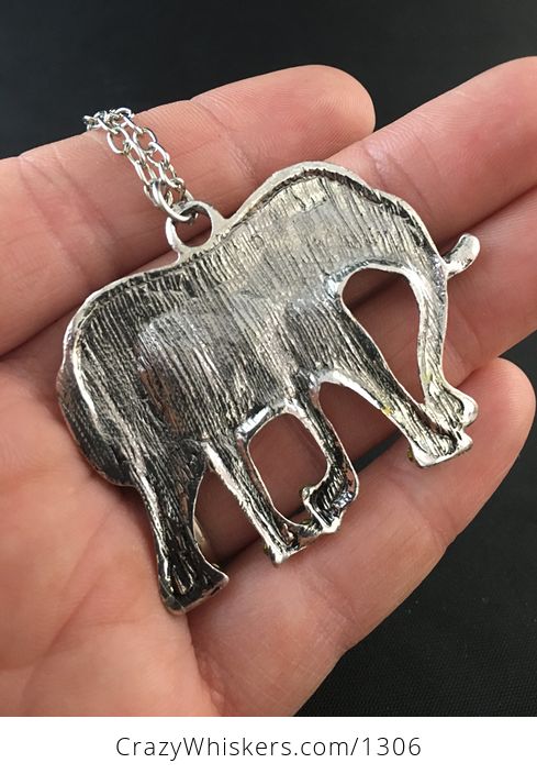 Rhinestone and Textured Silver Tone Walking Elephant Pendant - #2IXeEVJapJs-2