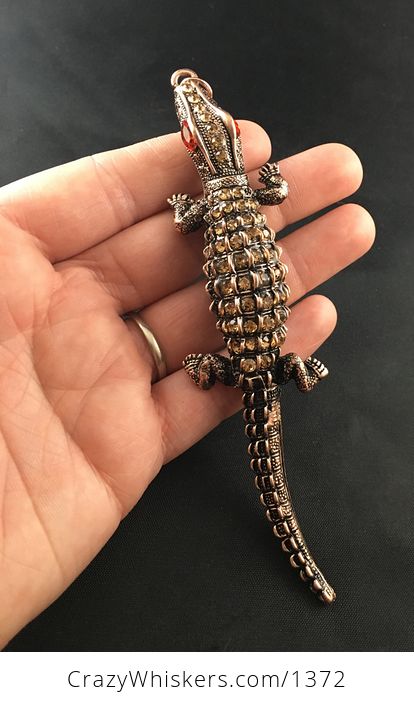 Rhinestone and Vintage Bronze Toned Alligator or Crocodile Pendant with Wiggly Tail - #IKlOSnCyOMc-2