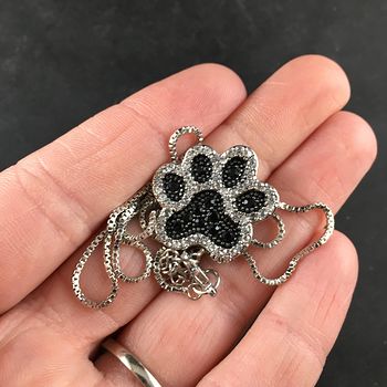 Rhinestone Black and Silver Tone Dog Paw Print Jewelry Necklace Pendant #NBbHllgnFe8