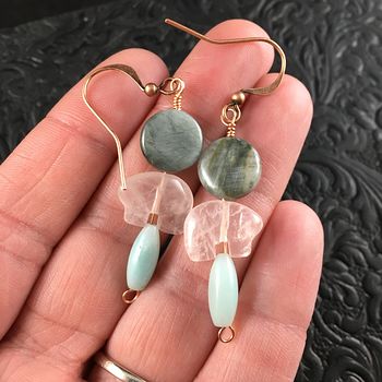 Rose Quartz Bear Amazonite and Chrysoberyl Cats Eye Earrings with Copper Wire #m3QdILtyMa0